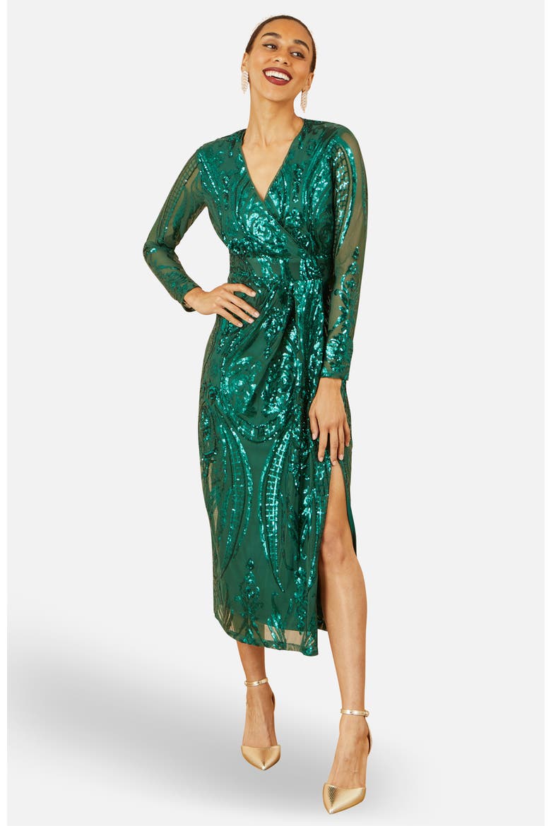 Sequin Midi Long Sleeve Wrap Dress, Main, color, Green