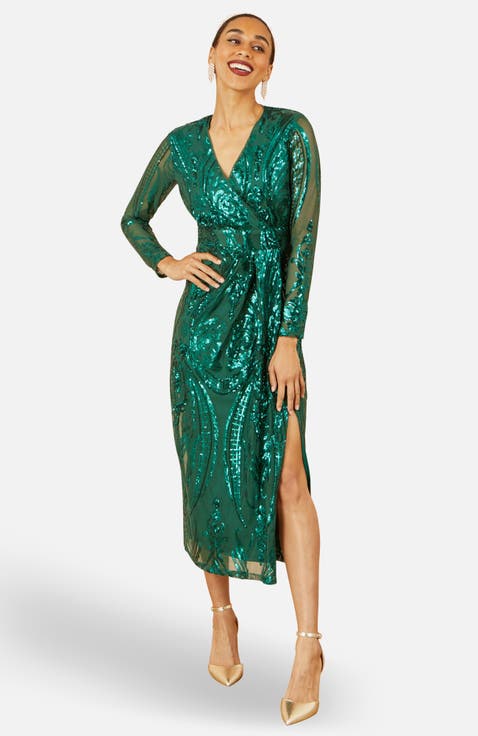 Sequin Midi Long Sleeve Wrap Dress