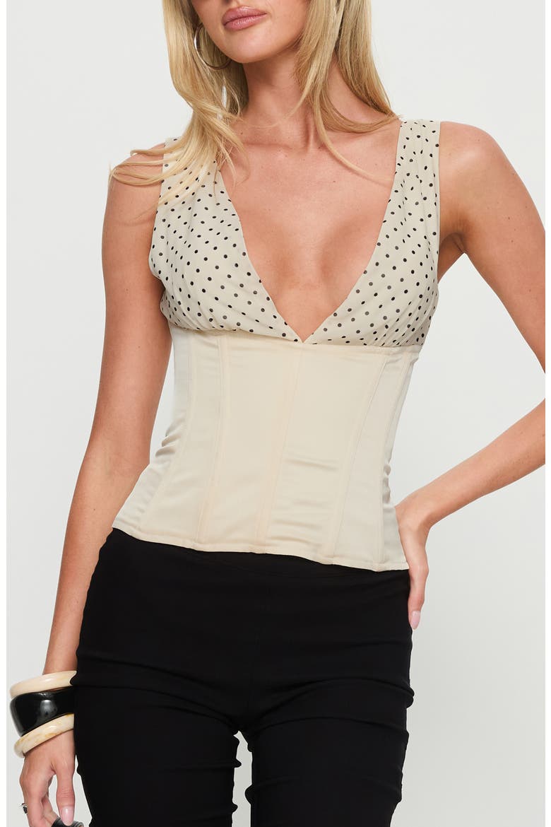 Briannah Mixed Media Corset Top, Main, color, CREAM POLKA