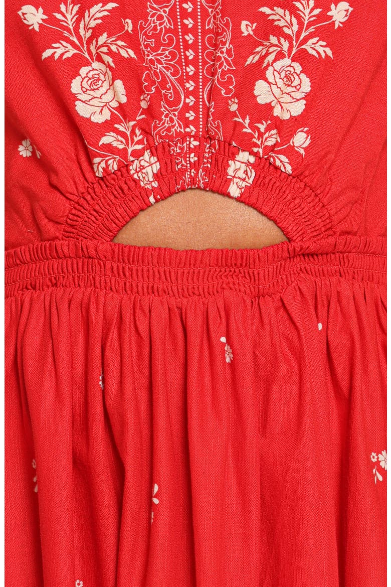 Domenica Smocked Off the Shoulder Linen & Cotton Midi Dress, Alternate, color, RED FLORAL BANDANA