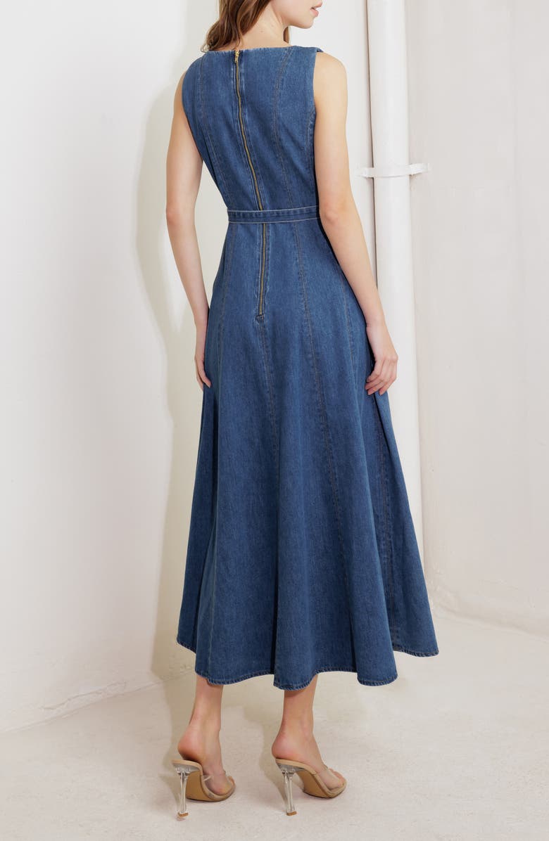 FREEMARKET Belted Seamed Denim Flare Maxi Dress, Alternate, color, 