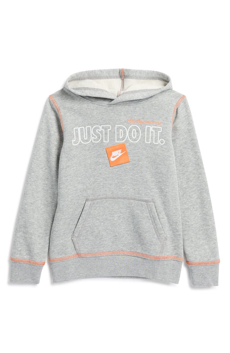Nike Kids' Just Do It Pullover Hoodie, Main, color, Dark Grey Heather