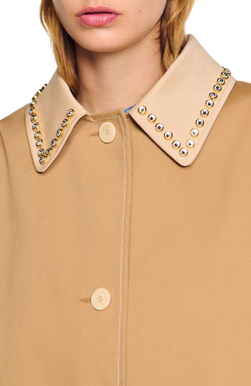 Sandro Diderot Embellished-collar Trench Coat In Camel