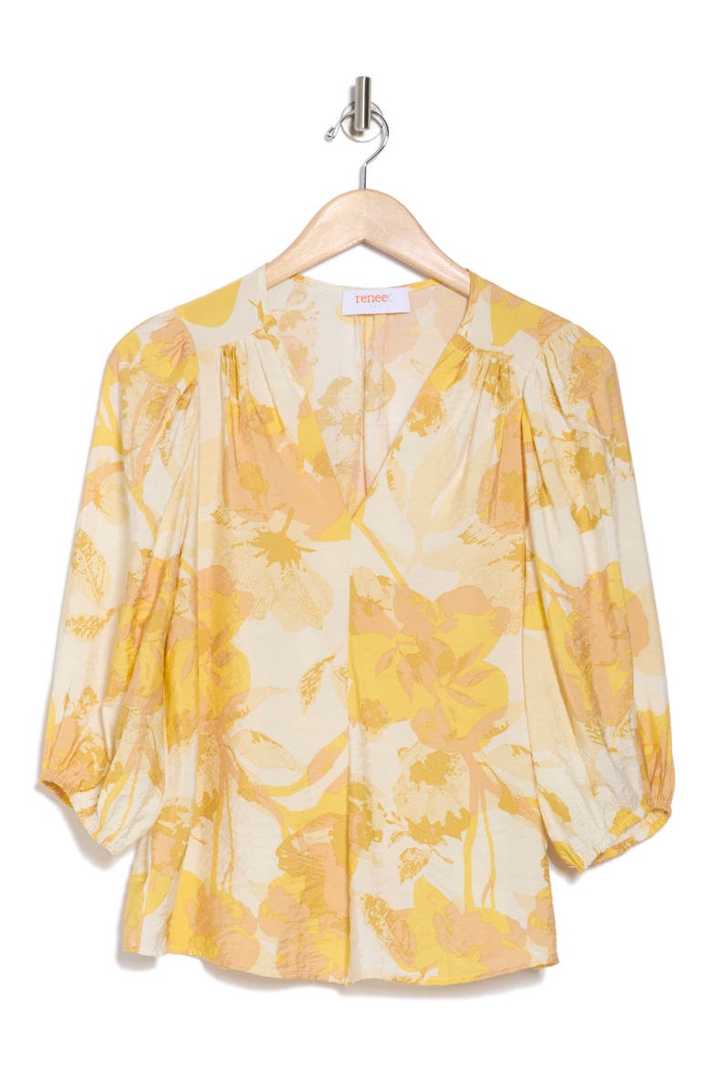 Floral V-Neck Three-Quarter Sleeve Top, Alternate, color, YELLOW