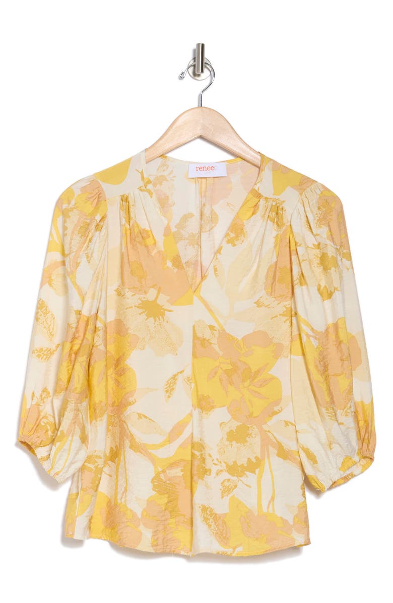 Renee C Floral V-Neck Three-Quarter Sleeve Top, Alternate, color, Yellow