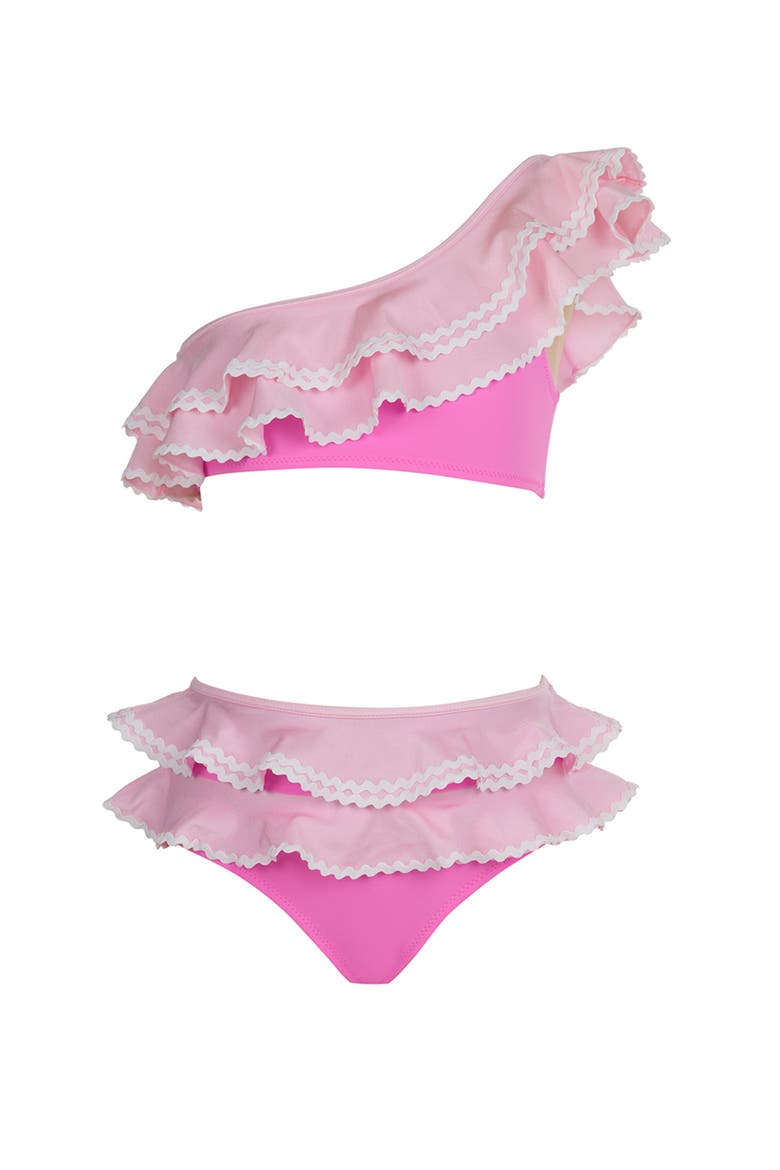 One-Shoulder Tiered Ruffle One-Shoulder with Ric-Rac Detail Two-Piece Bikini, Main, color, Pink