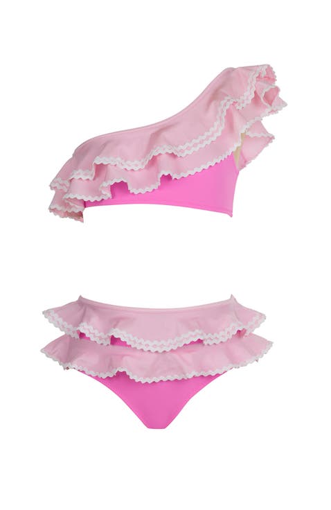 One-Shoulder Tiered Ruffle One-Shoulder with Ric-Rac Detail Two-Piece Bikini