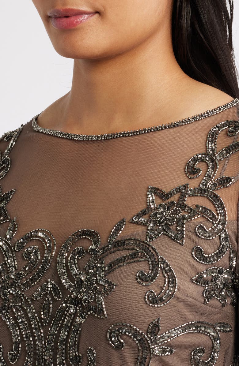Pisarro Nights Beaded Illusion Neck Gown, Alternate, color, Deep Mocha