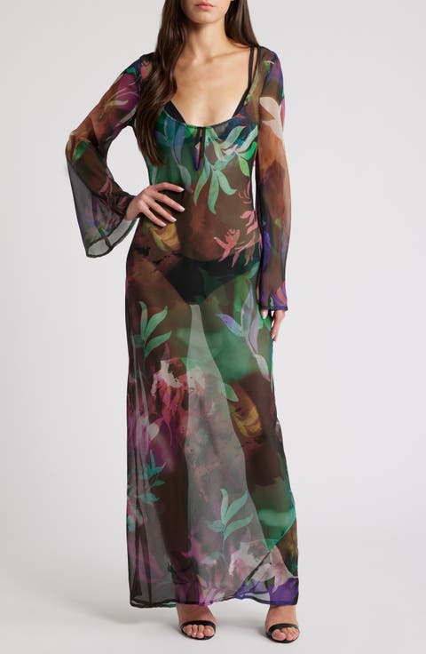 Floral Keyhole Sheer Long Sleeve Maxi Dress