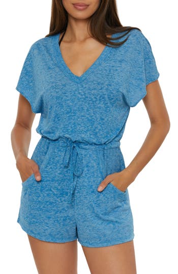 Becca Beach Date Burnout Jersey Cover-up Romper In Blue