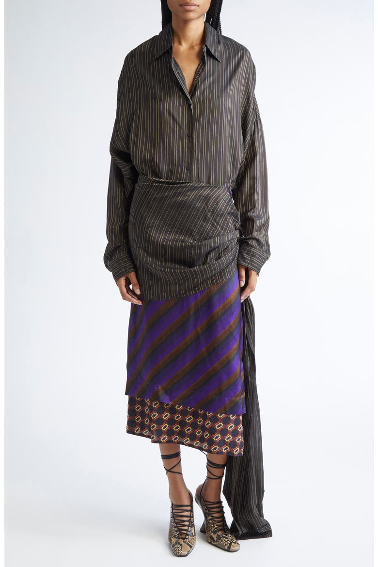 Casia Stripe Oversize Cupro Cocoon Shirt, Alternate, color, BROWN