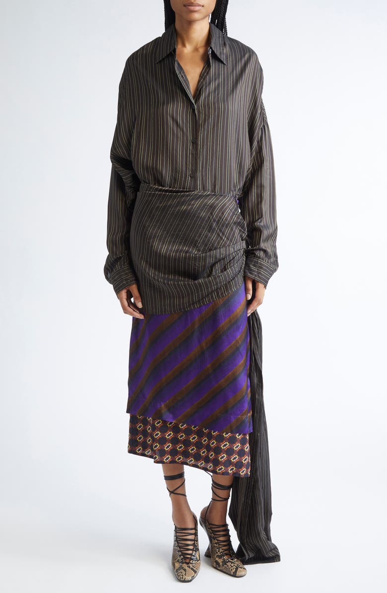 Dries Van Noten Casia Stripe Oversize Cupro Cocoon Shirt, Alternate, color, Brown