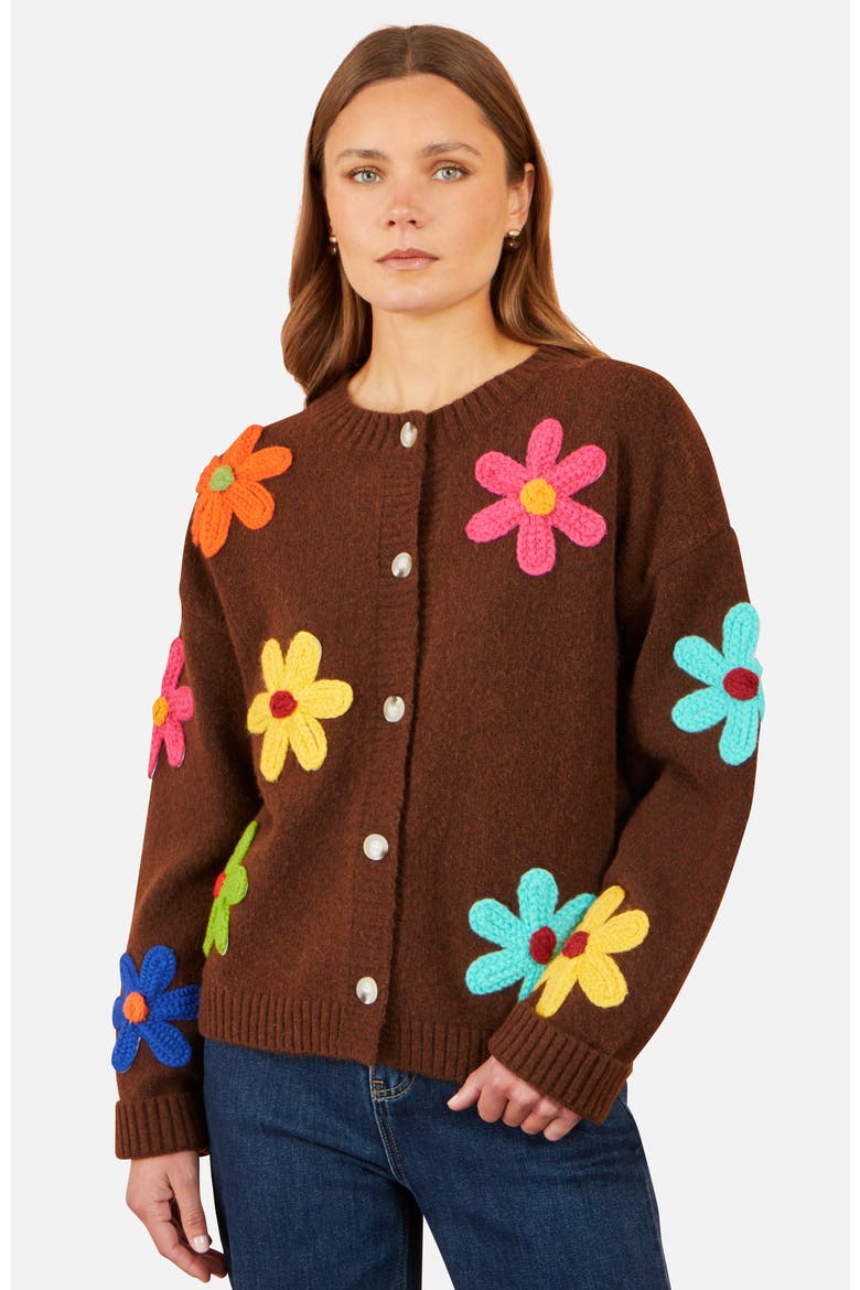 Knitted Flower Applique Cardigan, Main, color, Brown