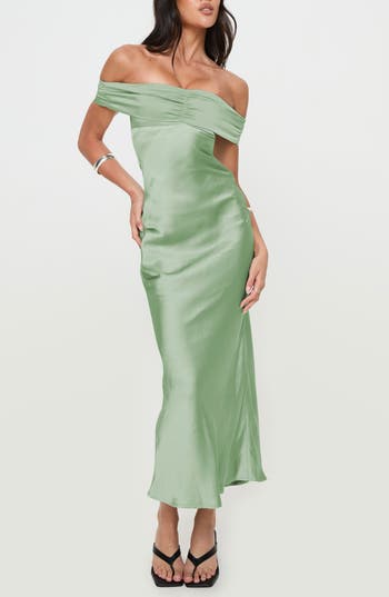 Princess Polly Sadee Off The Shoulder Satin Cocktail Dress In Green