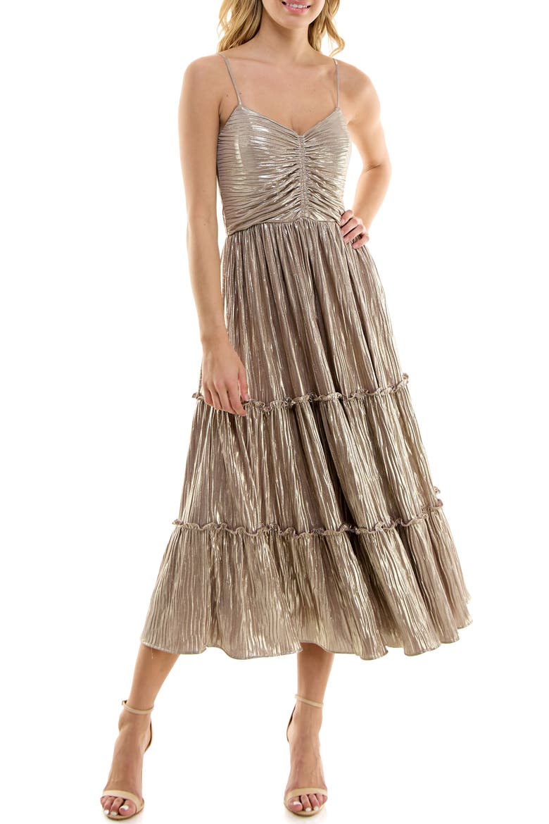 Metallic Plissé Tiered Midi Dress, Main, color, GOLD METALLIC