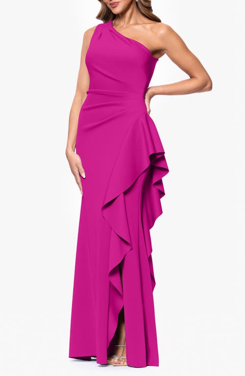 Xscape Evenings One-shoulder Ruffle Scuba Crepe Gown In Orchid