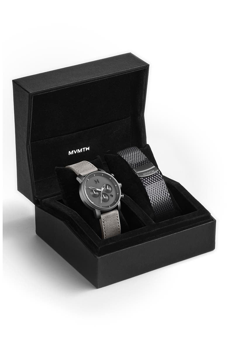 MVMT The Chrono Chronograph Leather Strap Watch & Mesh Strap Set, 40mm, Main, color, SILVER/ GREY/ SILVER