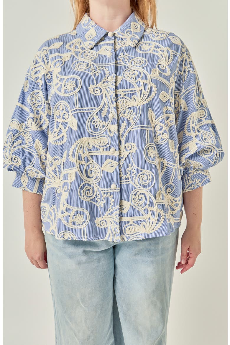 Embroidered Striped Volume Sleeve Shirt, Alternate, color, BLUE/ CREAM