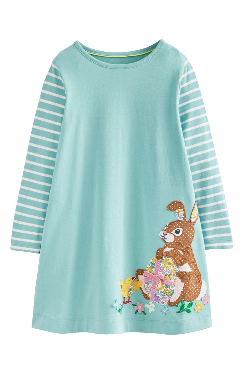 Mini Boden Kids' Bunny & Egg Appliqué Long Sleeve Cotton Dress, Main, color, 