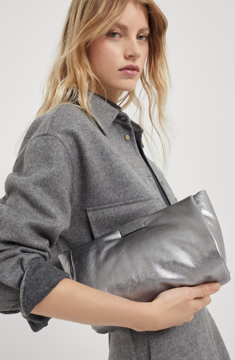 Brunello Cucinelli Lamé calfskin clutch bag with shimmering detail, Alternate, color,