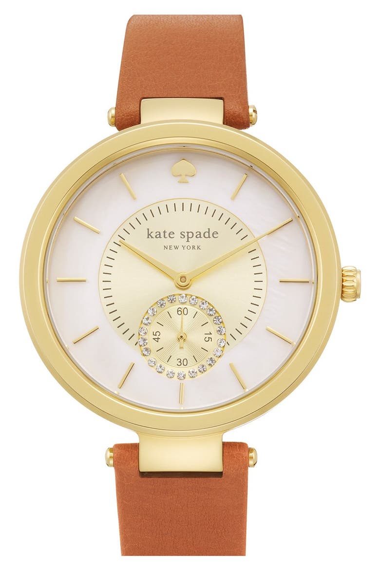 'perry' crystal accent leather strap watch, 38mm, Main, color, BROWN