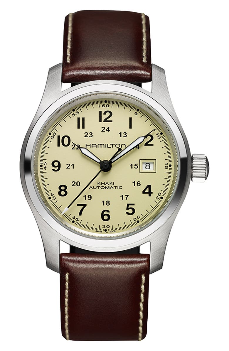 Hamilton Khaki Field Automatic Leather Strap Watch, 42mm, Main, color, 