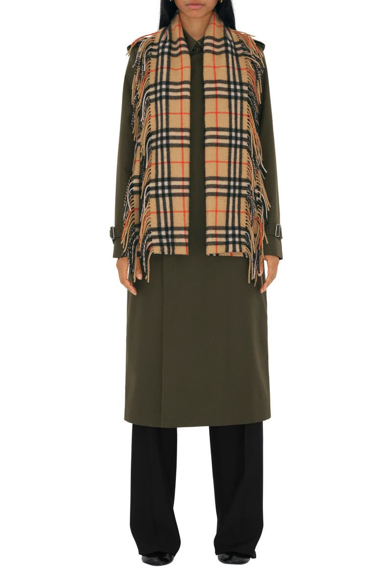 Burberry Medium Check Happy Fringe Cashmere Scarf, Alternate, color, Sand