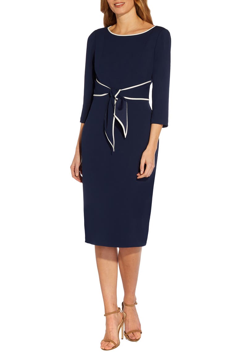 Tipped Three-Quarter Sleeve Crepe Dress, Alternate, color, NAVY SATEEN/IVORY