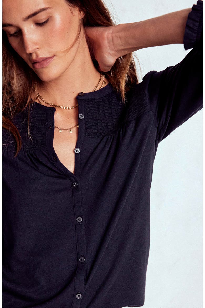 Elsa Smocked Yoke Knit Button-Up Shirt, Alternate, color, NAVY