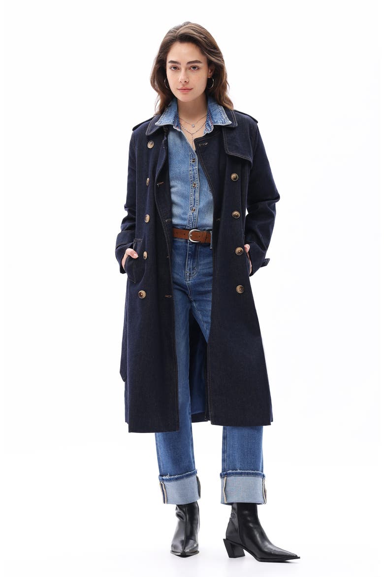 Double Breasted Denim Trench Coat, Alternate, color, DARK BLUE