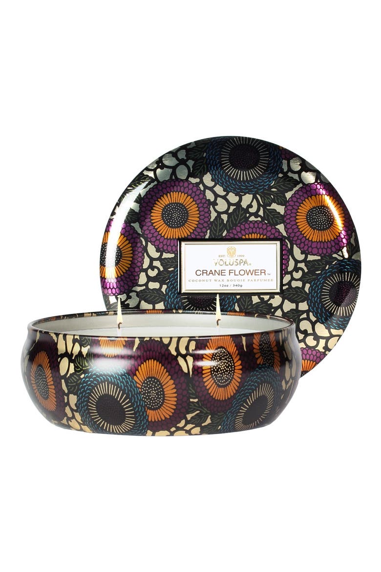 Japonica Crane Flower Three-Wick Decorative Tin Candle, Main, color, CRANE FLOWER