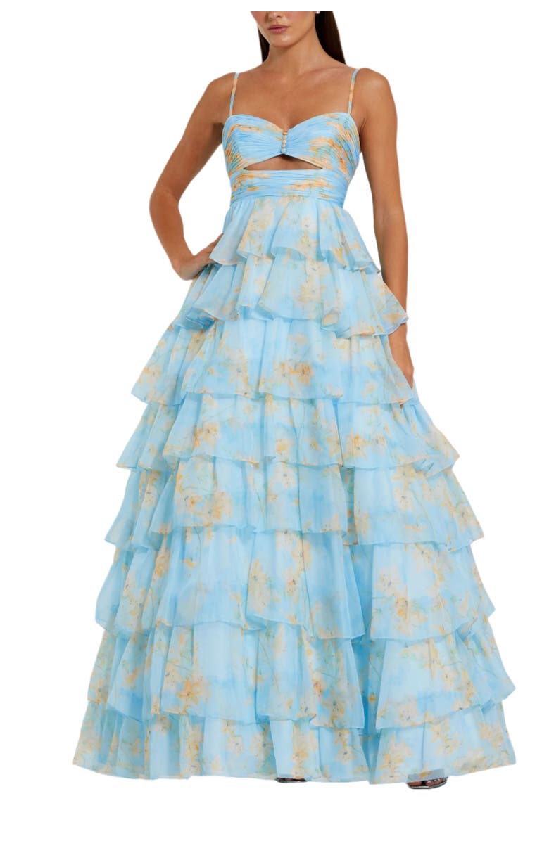 Mac Duggal Floral Cut Out Ruffle Tiered Ballgown, Main, color, Blue Multi