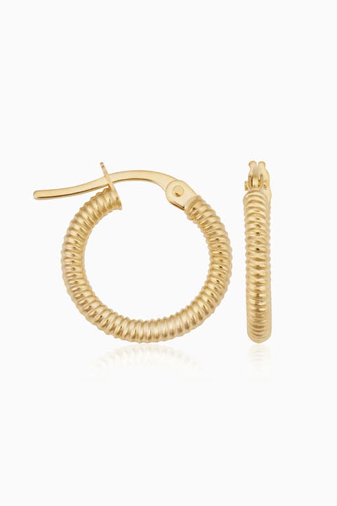 18K Yellow Gold Ribbed Mini Hoops