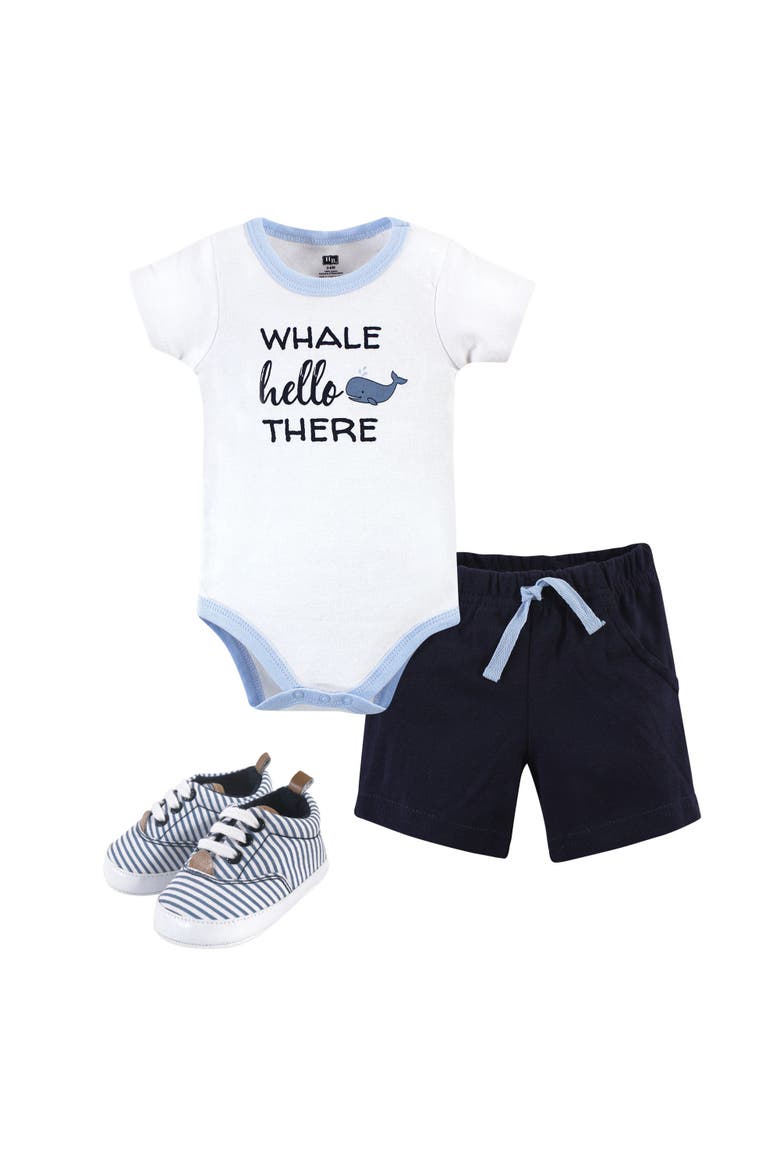 Cotton Bodysuit, Shorts and Shoe Set, Main, color, Whale Hello