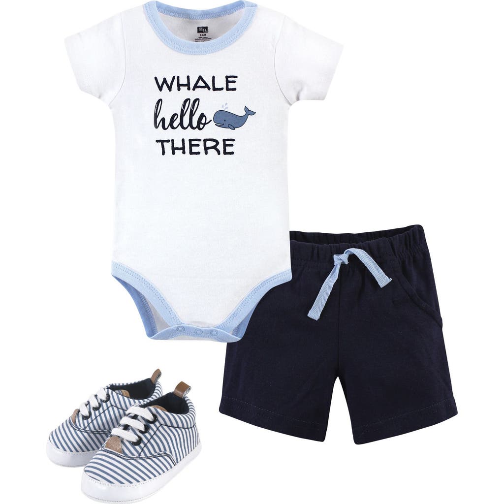 Hudson Baby Cotton Bodysuit, Shorts And Shoe Set In Blue