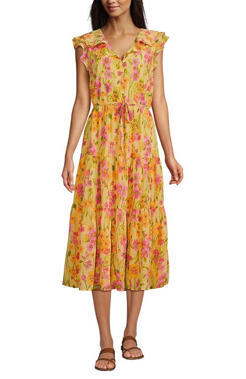 LANDS' END LANDS' END RUFFLE SLEEVE CHIFFON TIERED MIDI DRESS