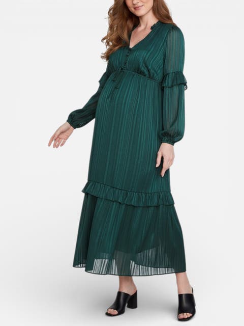 V-Neck Long Sleeve Tiered Maxi Dress