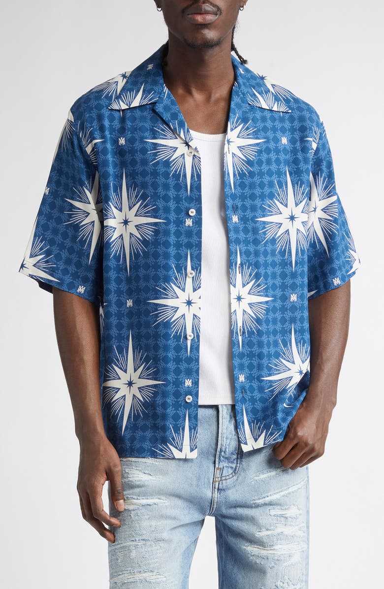 AMIRI Starburst Print Camp Shirt, Main, color, Blue
