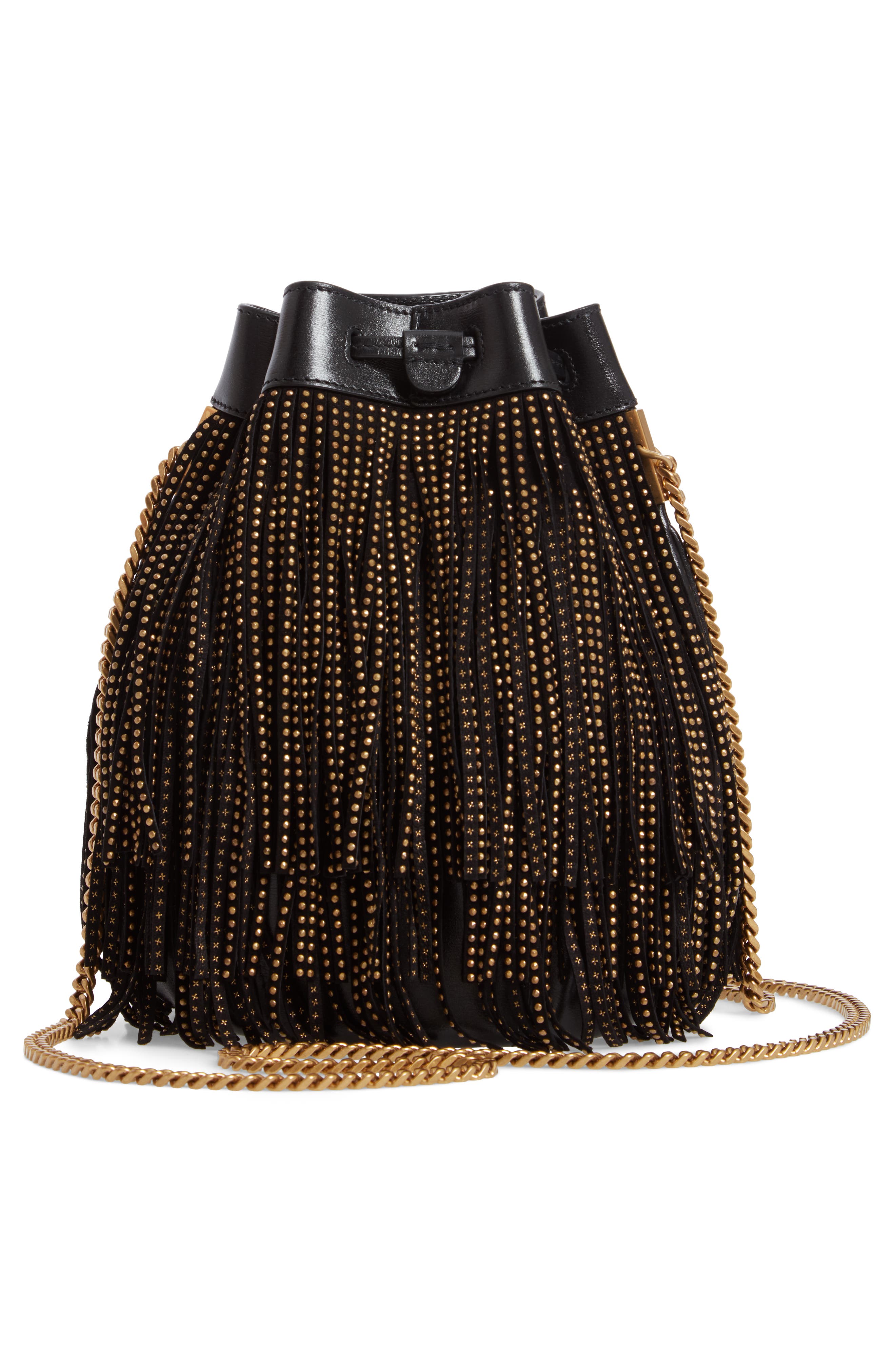 Saint Laurent Talitha Studded Fringe Leather Bucket Bag, Alternate, color, 
