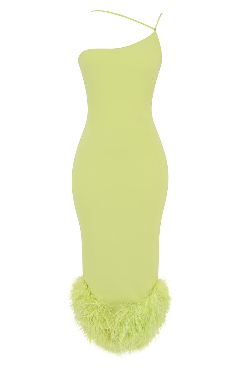 HOUSE OF CB Alessia Asymmetric Feather Trim Midi Dress, Alternate, color, Lime