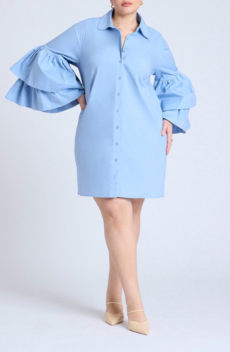 ELOQUII Ruffle Long Sleeve Poplin Shirtdress, Main, color,