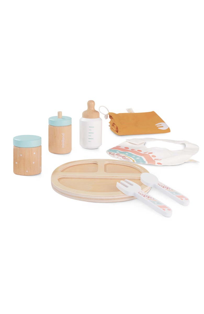 Miniland Wooden Feeding Set Doll Accessory Play Set, Main, color, Beige Multi