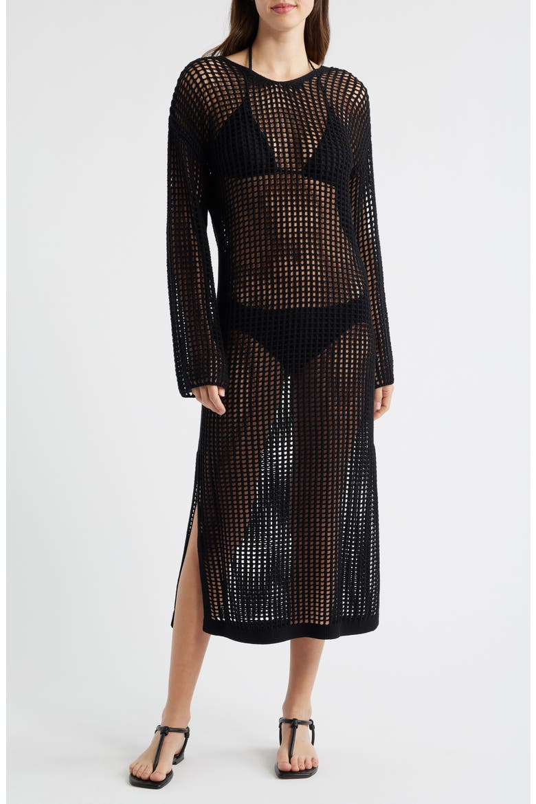 Christie Open Stitch Long Sleeve Cover-Up Maxi Dress, Alternate, color, BLACK