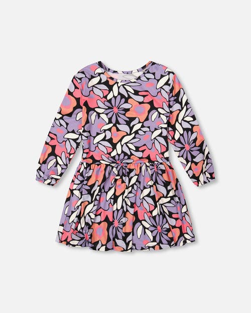 Deux Par Deux Jersey Dress Retro Flower In Blue