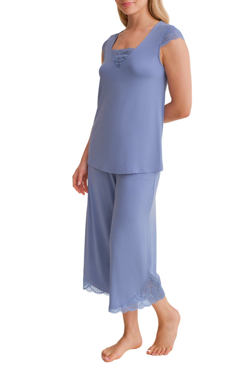 Belle Époque Lace Trim Knit Capri Pajamas, Main, color, DENIM