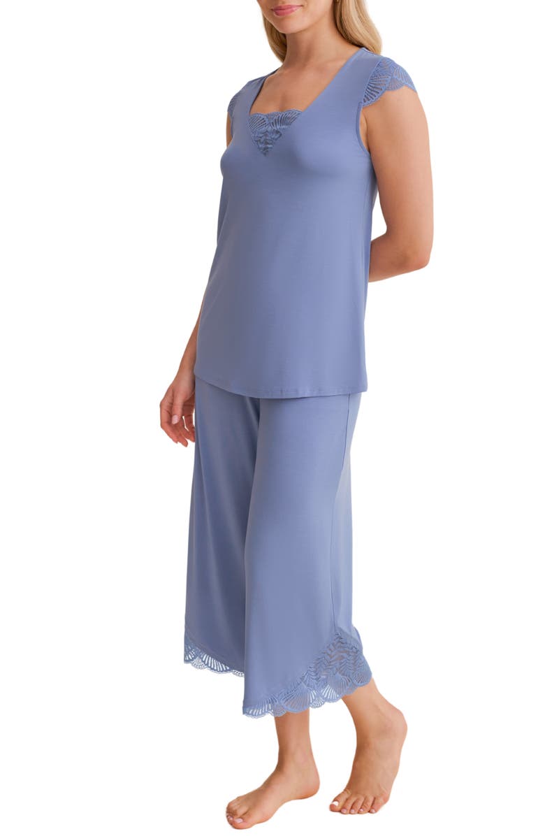 Fleur't Belle Époque Lace Trim Knit Capri Pajamas, Main, color, Denim