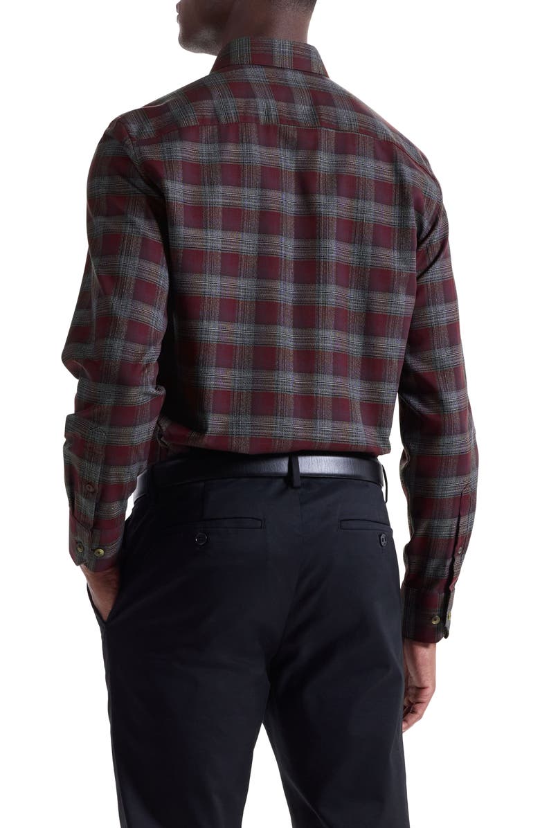 Bugatchi Karl Shaped Fit Plaid Cotton & Cashmere Button-Up Shirt, Alternate, color, Burgundy