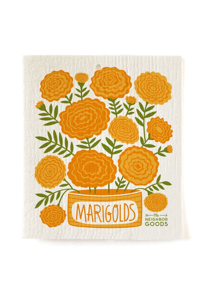 Marigolds Dish Towel + Sponge Cloth Gift Set, Main, color, Orange