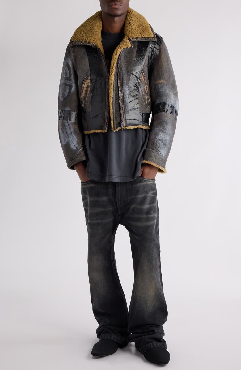 Balenciaga Paint Logo Taped Genuine Shearling Bomber Jacket, Alternate, color,