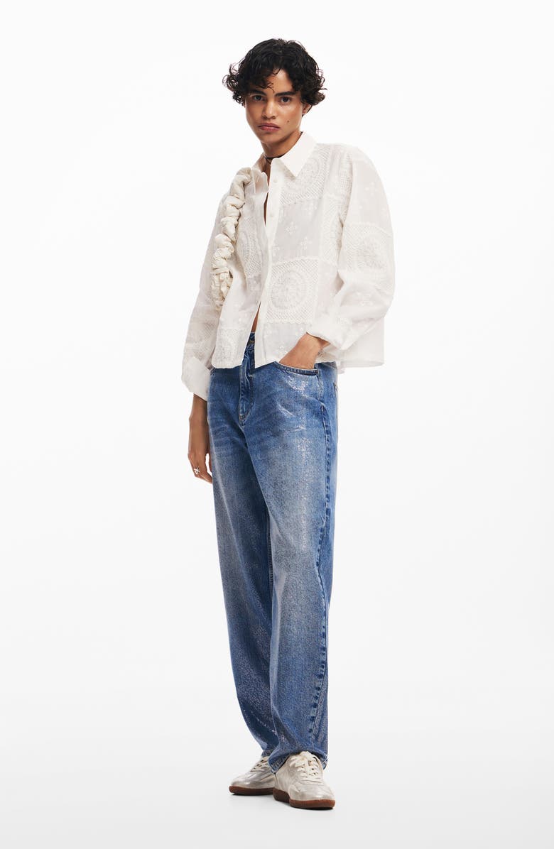 Desigual Sendai Embroidered Cotton Button-Up Shirt, Alternate, color, White